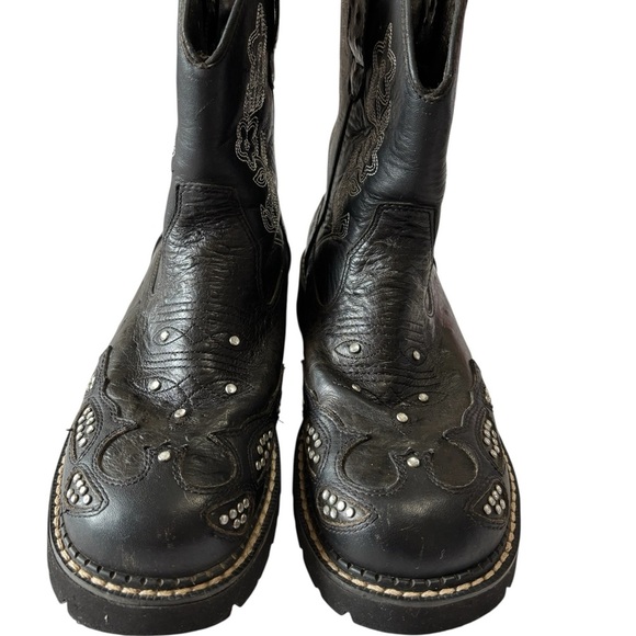 Roper Black Leather Cowboy Boots Rhinestones Lug soles Western Size 9 - Picture 4 of 12
